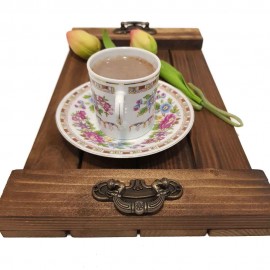 سینی چوبی دسته فلزی کوچک قهوه ای