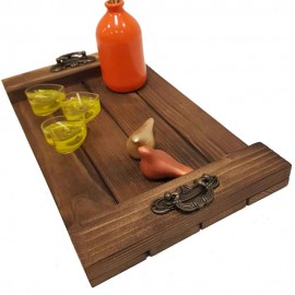 سینی چوبی دسته فلزی کوچک قهوه ای